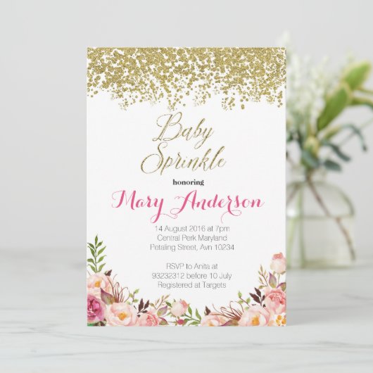 Roos Gold Floral Baby Sprinkle Invitaties Kaart (Staand voorkant)