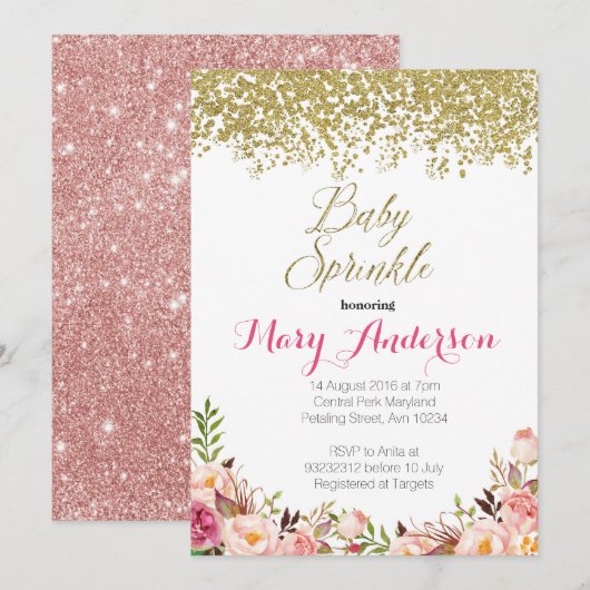 Roos Gold Floral Baby Sprinkle Invitaties Kaart (Voorkant / Achterkant)