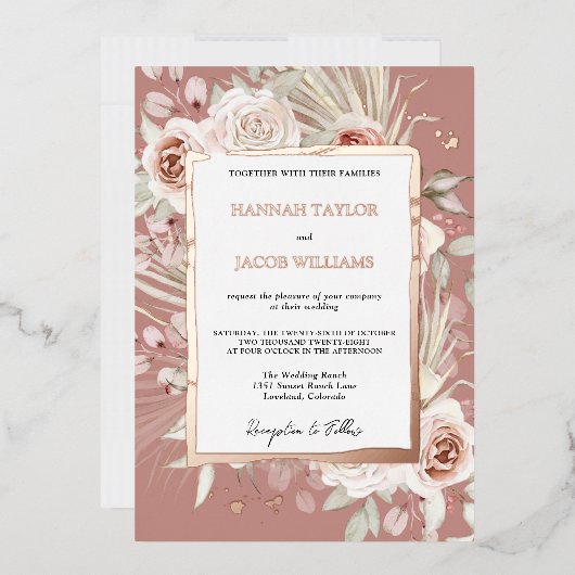Roos Gold Floral Boho Dusty Roos Wedding Folie Uitnodiging (Envelop)