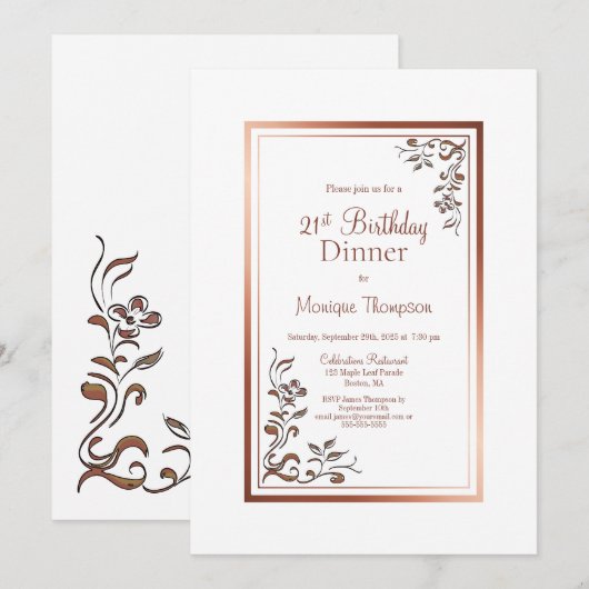 Roos Gold Floral Border 21st Birthday Dinner Party Kaart (Voorkant / Achterkant)