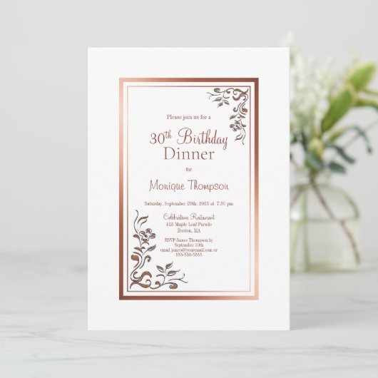 Roos Gold Floral Border 30th Birthday Dinner Party Kaart (Staand voorkant)