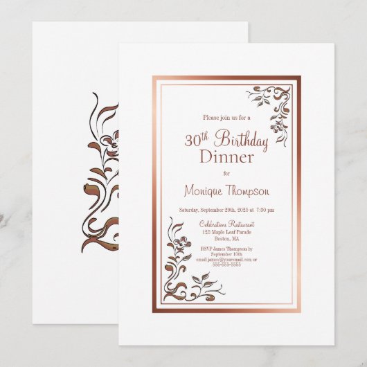 Roos Gold Floral Border 30th Birthday Dinner Party Kaart (Voorkant / Achterkant)