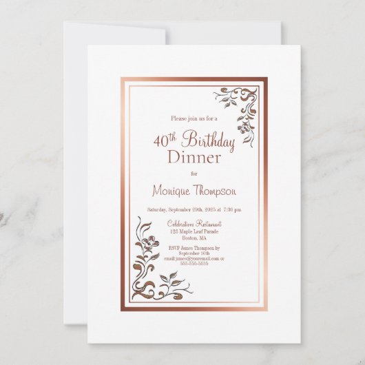 Roos Gold Floral Border 40th Birthday Dinner Party Kaart (Voorkant)