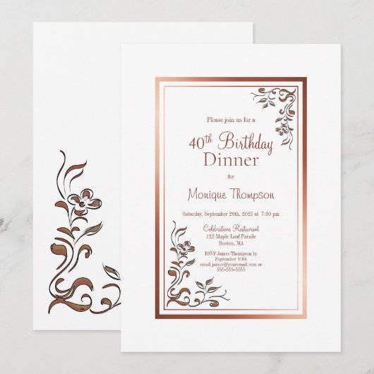 Roos Gold Floral Border 40th Birthday Dinner Party Kaart (Voorkant / Achterkant)