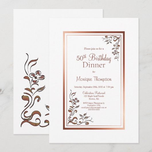 Roos Gold Floral Border 50th Birthday Dinner Party Kaart (Voorkant / Achterkant)