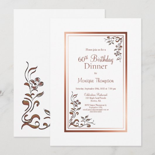 Roos Gold Floral Border 60th Birthday Dinner Party Kaart (Voorkant / Achterkant)