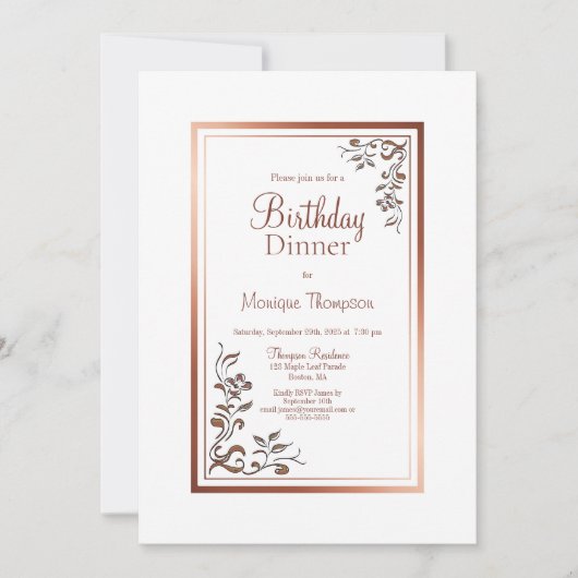 Roos Gold Floral Border Birthday Dinner Party Kaart (Voorkant)