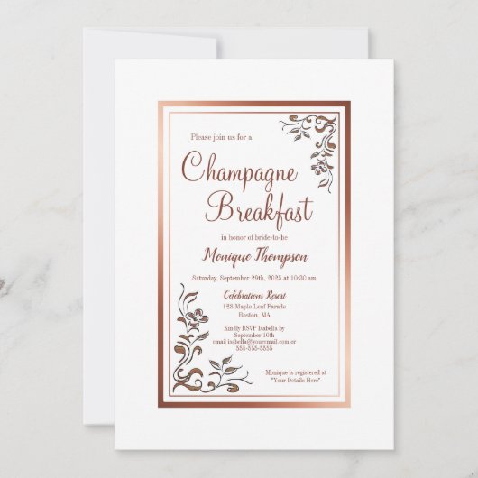 Roos Gold Floral Border Bridal Champagne Breakfast Kaart (Voorkant)