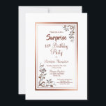 Roos Gold Floral Border Surprise 18th Birthday Kaart<br><div class="desc">Een elegant roos goud/koper borderde florale verrassing 18e verjaardagsfeestuitnodiging met warme goudbladerbladeringen in de diagonale hoeken en de tekst van de bruidsschat.</div>