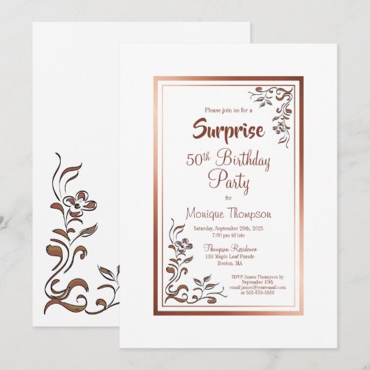 Roos Gold Floral Border Surprise 50th Birthday Kaart (Voorkant / Achterkant)