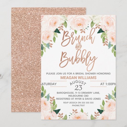 Roos Gold Floral Brunch Bubble Bridal Invitation Kaart (Voorkant / Achterkant)