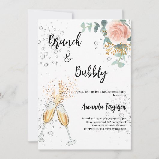 Roos Gold Floral Brunch Bubbly Pensioenfeest Kaart (Voorkant)