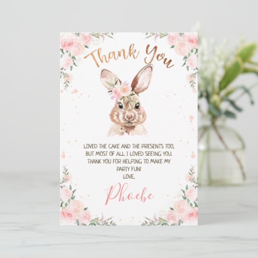 Roos Gold Floral Bunny Birthday Hartelijk dank Kaart (Staand voorkant)