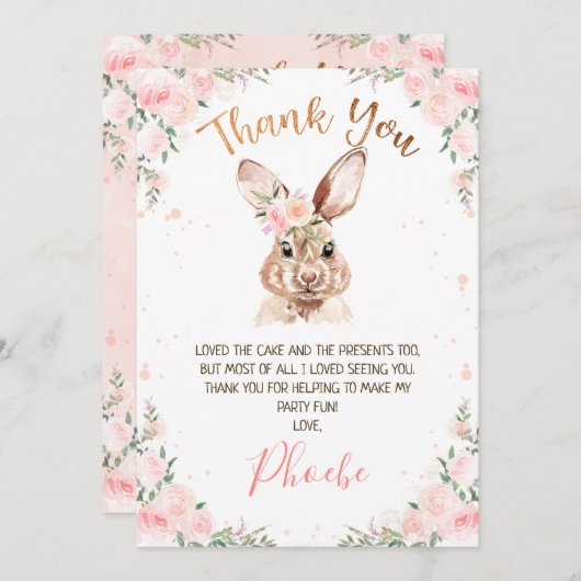 Roos Gold Floral Bunny Birthday Hartelijk dank Kaart (Voorkant / Achterkant)