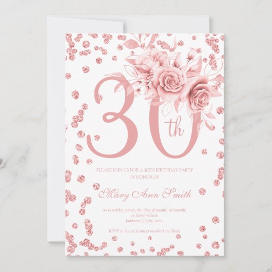 Roos Gold Floral & Confetti 30e verjaardag Kaart (Voorkant)