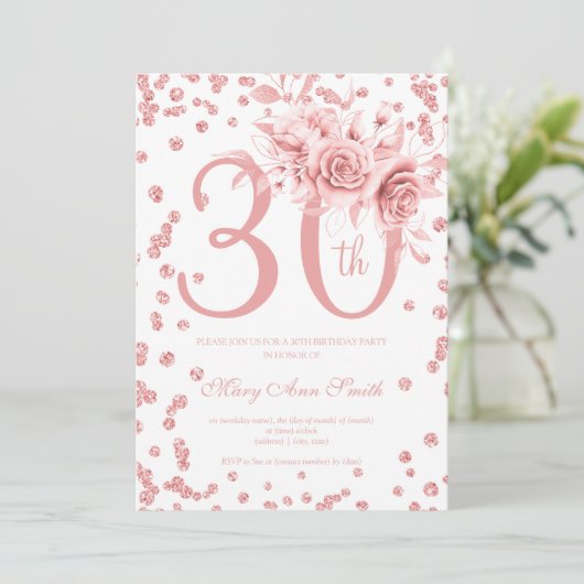 Roos Gold Floral & Confetti 30e verjaardag Kaart (Staand voorkant)