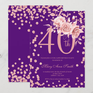 Roos Gold Floral & Confetti 40e verjaardag Paars Kaart