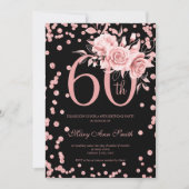 Roos Gold Floral & Confetti 60th Birthday Black Kaart (Voorkant)