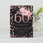 Roos Gold Floral & Confetti 60th Birthday Black Kaart (Staand voorkant)