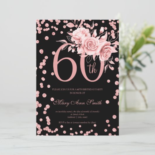 Roos Gold Floral & Confetti 60th Birthday Black Kaart (Staand voorkant)
