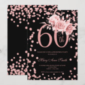 Roos Gold Floral & Confetti 60th Birthday Black Kaart (Voorkant / Achterkant)