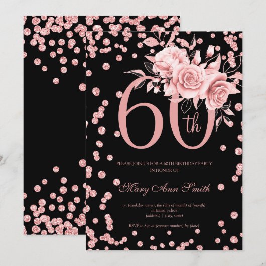 Roos Gold Floral & Confetti 60th Birthday Black Kaart (Voorkant / Achterkant)