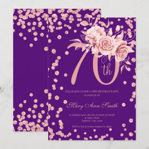 Roos Gold Floral & Confetti 70e verjaardag Paars Kaart