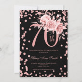 Roos Gold Floral & Confetti 70e verjaardag zwart Kaart (Voorkant)