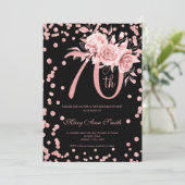 Roos Gold Floral & Confetti 70e verjaardag zwart Kaart (Staand voorkant)