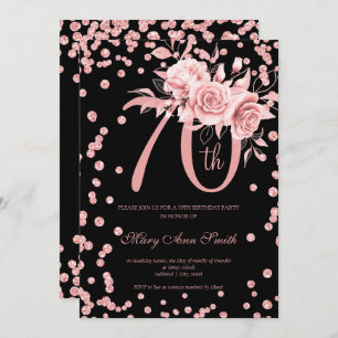 Roos Gold Floral & Confetti 70e verjaardag zwart Kaart