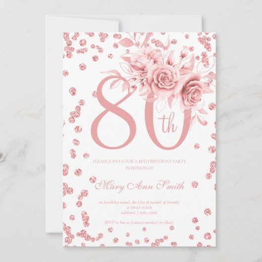 Roos Gold Floral & Confetti 80e verjaardag Kaart (Voorkant)