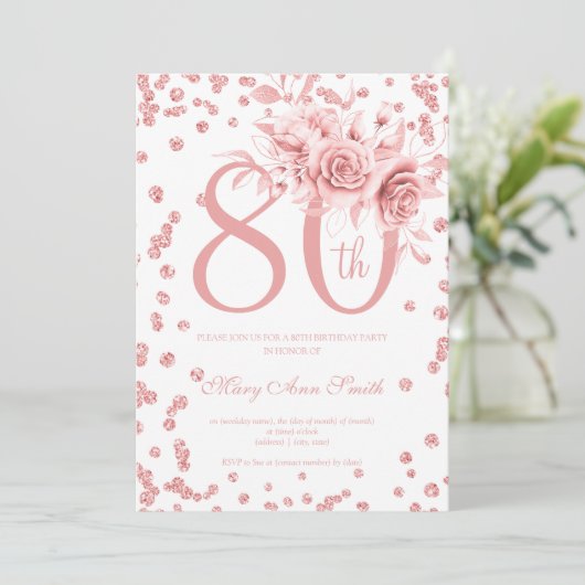 Roos Gold Floral & Confetti 80e verjaardag Kaart (Staand voorkant)