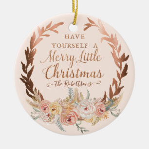 Roos Gold Floral Elegant Kerstmis Blush Glitter Keramisch Ornament