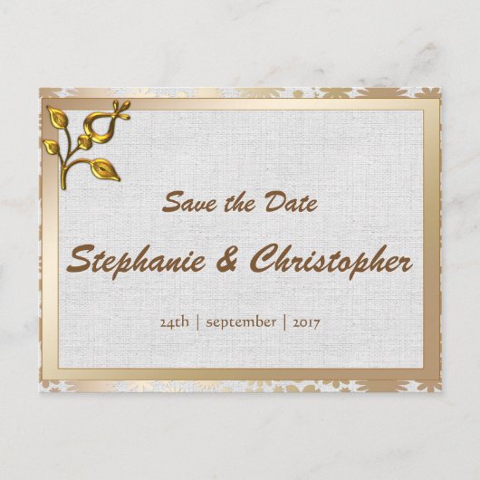 Roos Gold Floral en Linen Wedding Aankondigingskaart (Voorkant)