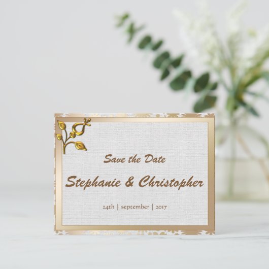 Roos Gold Floral en Linen Wedding Aankondigingskaart (Staand voorkant)