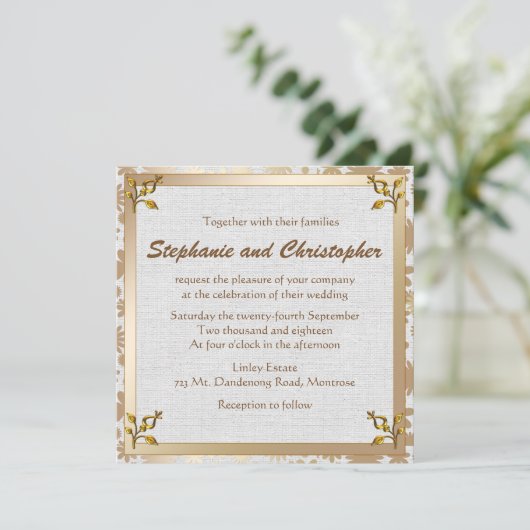 Roos Gold Floral en Linen Wedding Kaart (Staand voorkant)