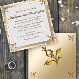 Roos Gold Floral en Linen Wedding Kaart