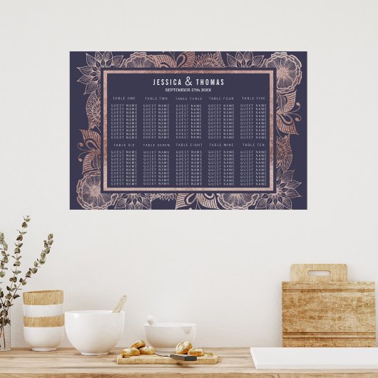 Roos Gold Floral en marineblauw Poster (Keuken)