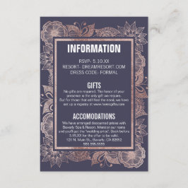 Roos Gold Floral en Navy Blue Bruiloft Informatie Informatiekaartje
