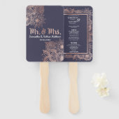 Roos Gold Floral en Navy Blue huwelijksprogramma's Handwaaier (Voorkant en achterkant)