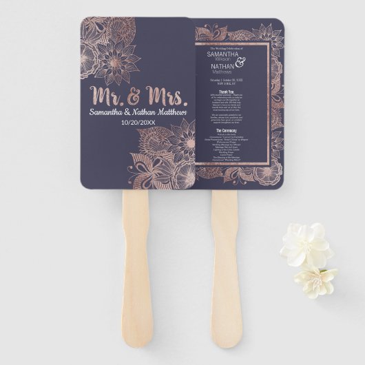 Roos Gold Floral en Navy Blue huwelijksprogramma's Handwaaier (Voorkant en achterkant)