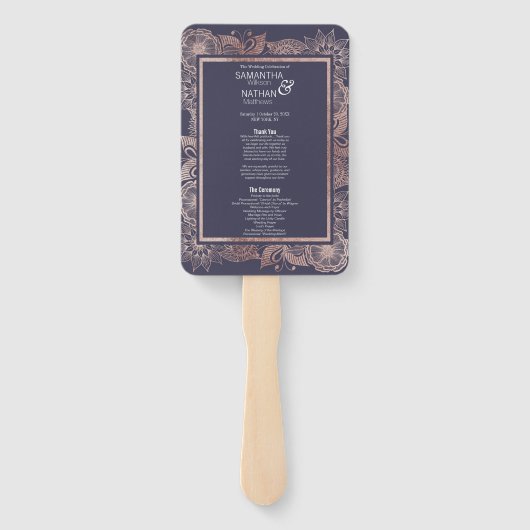 Roos Gold Floral en Navy Blue huwelijksprogramma's Handwaaier (Achterkant)