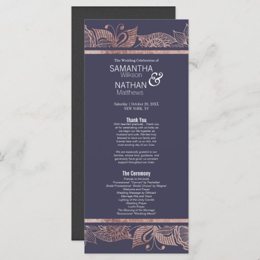 Roos Gold Floral en Navy Blue huwelijksprogramma's Programmakaart (Voorkant / Achterkant)