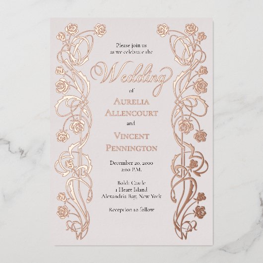 Roos Gold Floral Fairytale Wedding Folie Uitnodiging (Voorkant)
