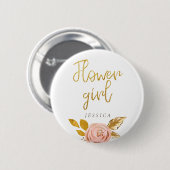 Roos Gold Floral Glitter Bloemenmeisje Button (Voorkant /achterkant)