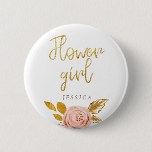 Roos Gold Floral Glitter Bloemenmeisje Button