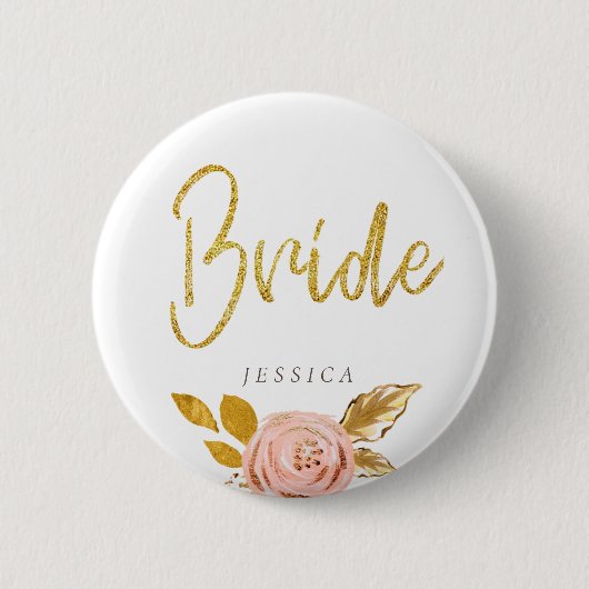 Roos Gold Floral Glitter Bride Button (Voorkant)