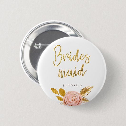 Roos Gold Floral Glitter Bridesmaid Button (Voorkant /achterkant)