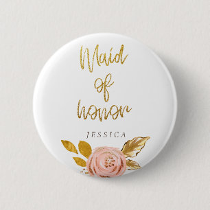 Roos Gold Floral Glitter Maid of Honor Button