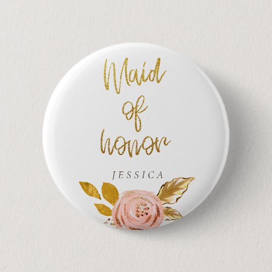 Roos Gold Floral Glitter Maid of Honor Button (Voorkant)